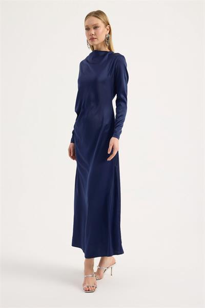 Lacivert Saten Drape Elbise