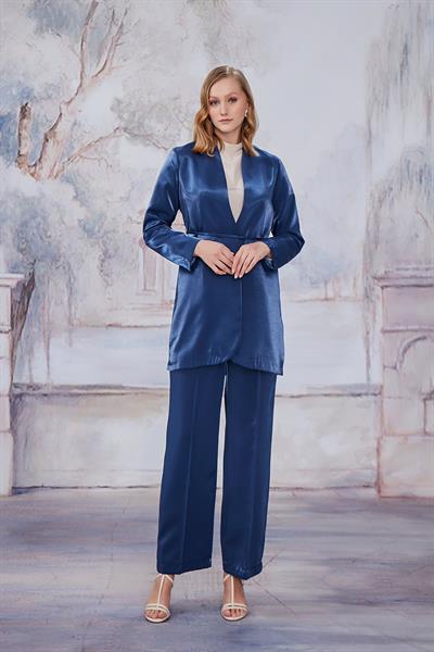 Lacivert Yakasız Blazer Ceket Takım