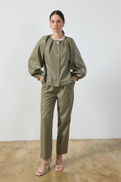 Mint Yeşili Balon Kol Deri Ceket