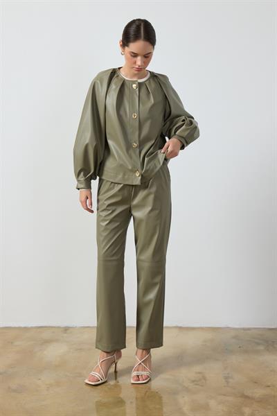 Mint Yeşili Balon Kol Deri Ceket