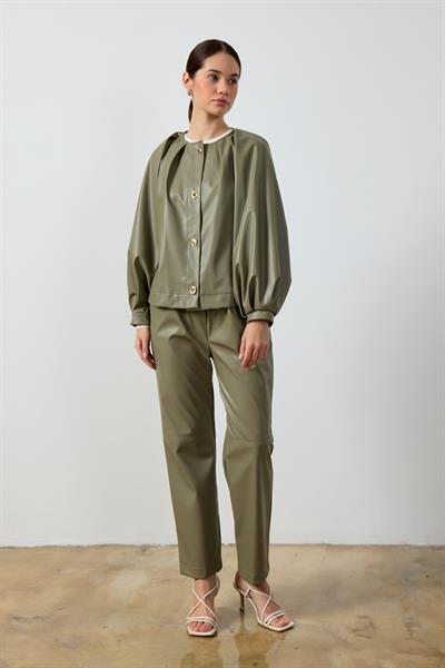 Mint Yeşili Balon Kol Deri Ceket