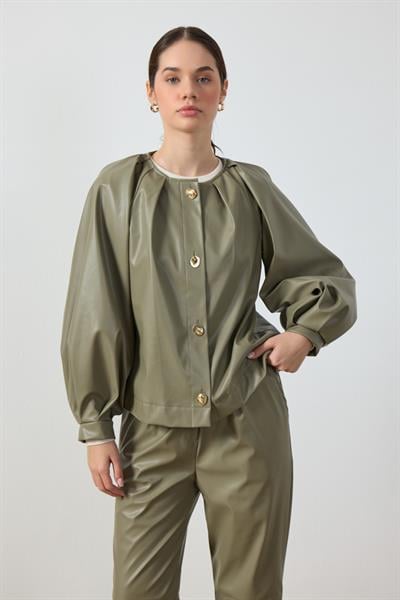 Mint Yeşili Balon Kol Deri Ceket