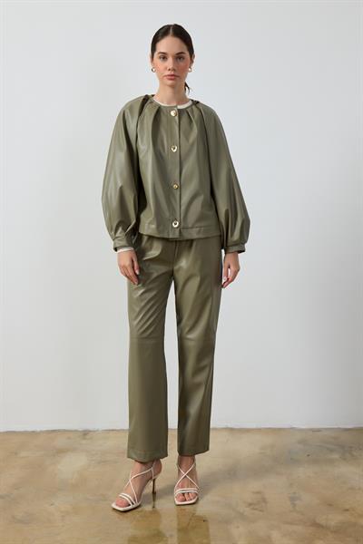 Mint Yeşili Balon Kol Deri Ceket