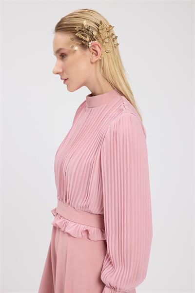 Pudra Bedeni Piliseli Krep Şifon Elbise