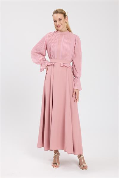 Pudra Bedeni Piliseli Krep Şifon Elbise