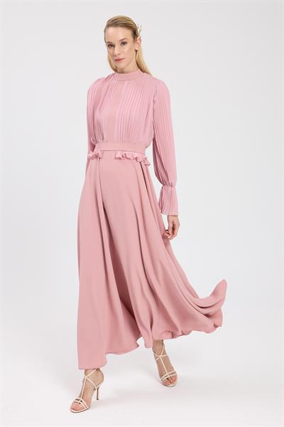 Pudra Bedeni Piliseli Krep Şifon Elbise