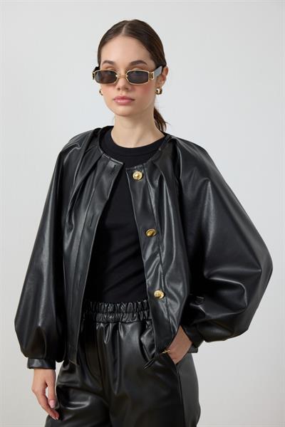 Siyah Balon Kol Deri Ceket