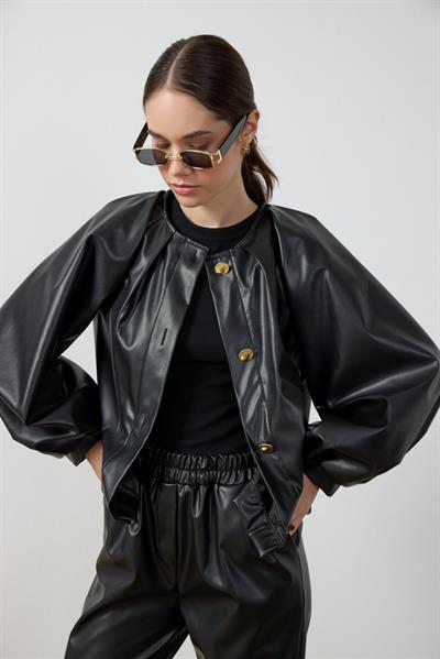 Siyah Balon Kol Deri Ceket