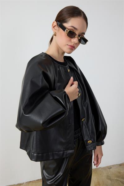 Siyah Balon Kol Deri Ceket