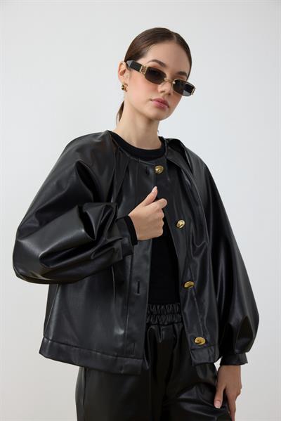 Siyah Balon Kol Deri Ceket