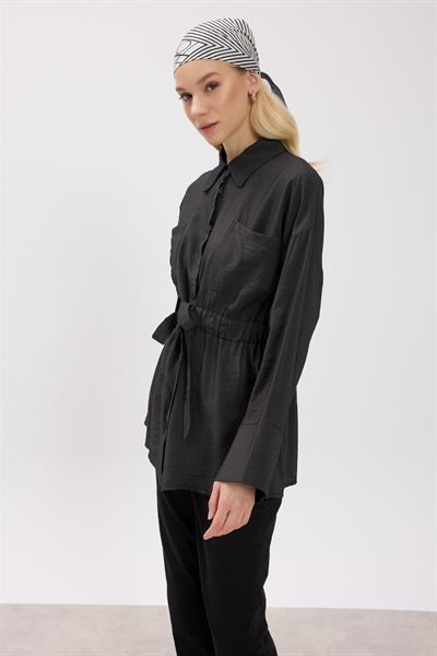 Siyah Çift Cepli Bağlamalı Gömlek