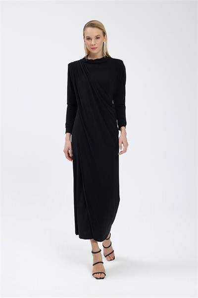 Siyah Drape Detaylı Elbise