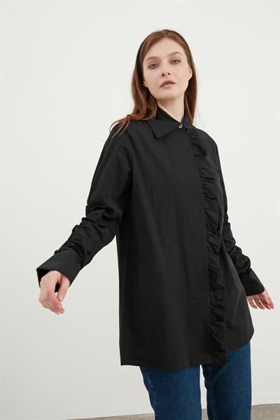 Siyah Fırfır Detaylı Poplin Tunik