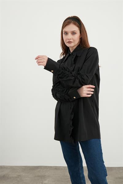 Siyah Fırfır Detaylı Poplin Tunik