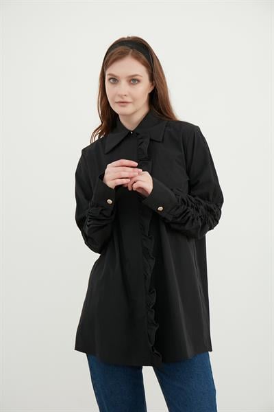 Siyah Fırfır Detaylı Poplin Tunik