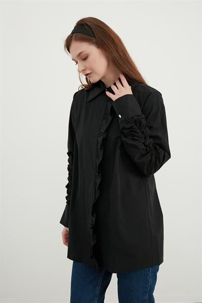 Siyah Fırfır Detaylı Poplin Tunik