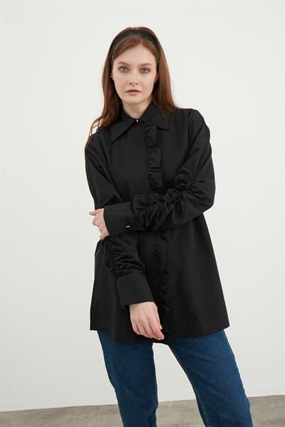 Siyah Fırfır Detaylı Poplin Tunik