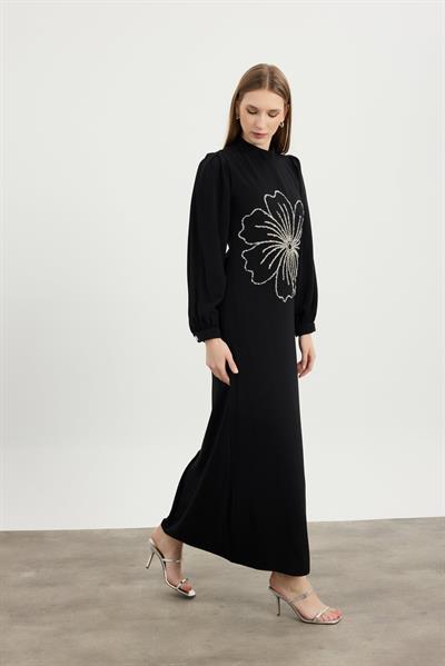 Siyah Flora Elbise