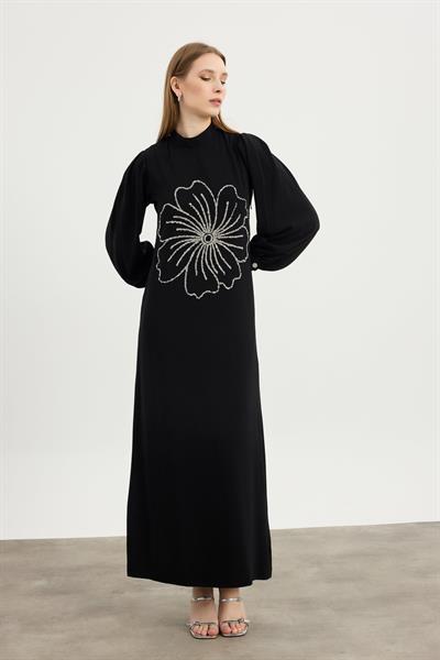 Siyah Flora Elbise