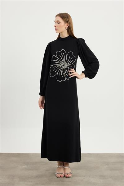 Siyah Flora Elbise