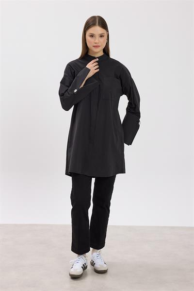 Siyah Hakim Yaka Detaylı Cepli Tunik