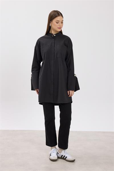 Siyah Hakim Yaka Detaylı Cepli Tunik