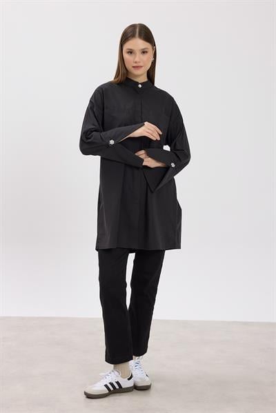 Siyah Hakim Yaka Detaylı Cepli Tunik