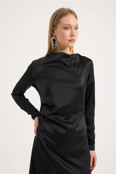 Siyah Saten Drape Elbise