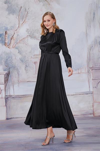 Siyah Saten Vatkalı Elbise