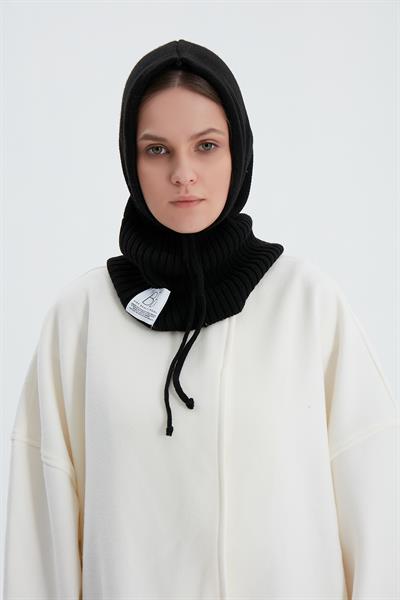 Siyah Yarı Fitilli Triko Bere