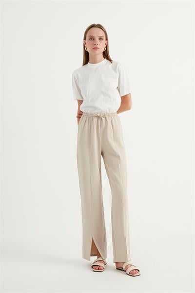 Taş Rengi Yırtmaçlı Krep Pantolon