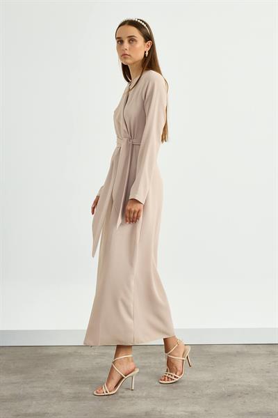 Vizon Yaka Detaylı Kuşaklı Elbise