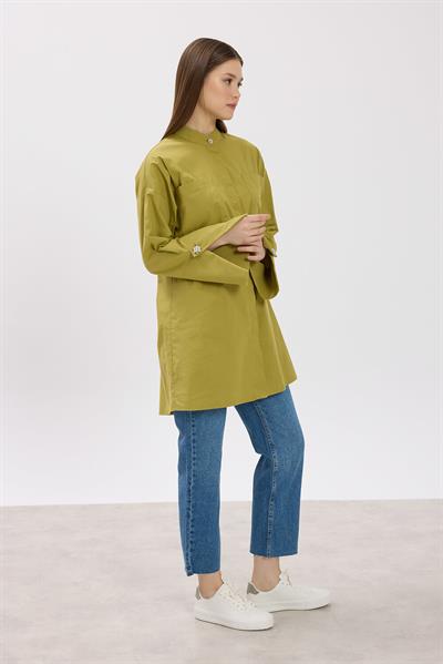 Yağ Yeşili Hakim Yaka Detaylı Cepli Tunik