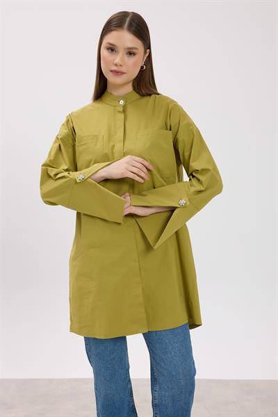 Yağ Yeşili Hakim Yaka Detaylı Cepli Tunik