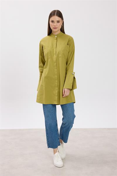 Yağ Yeşili Hakim Yaka Detaylı Cepli Tunik