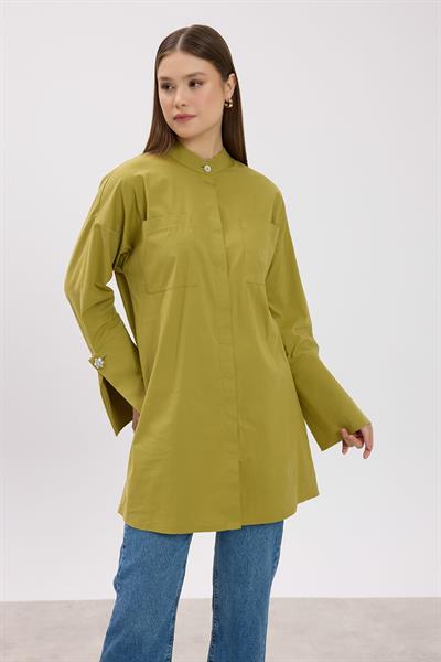Yağ Yeşili Hakim Yaka Detaylı Cepli Tunik