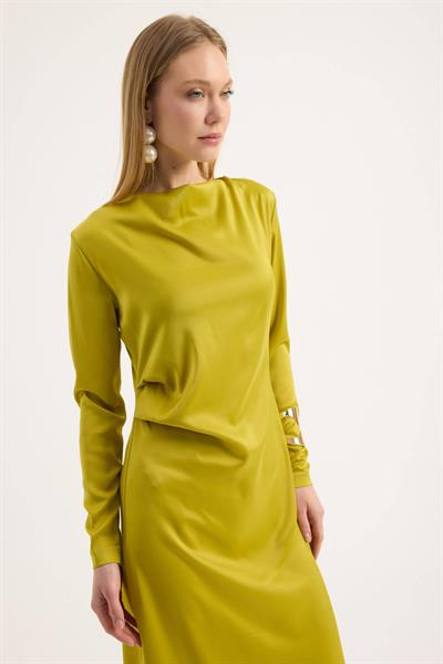 Yağ Yeşili Saten Drape Elbise