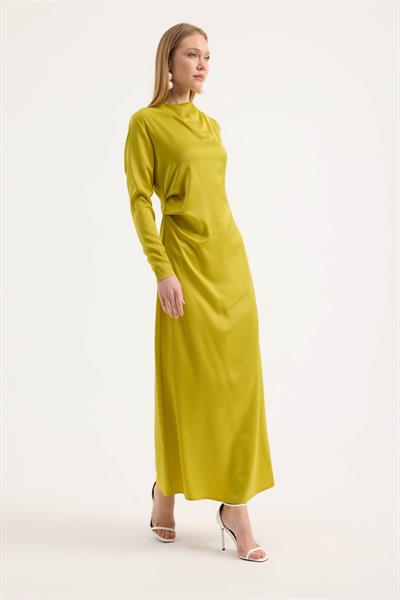 Yağ Yeşili Saten Drape Elbise