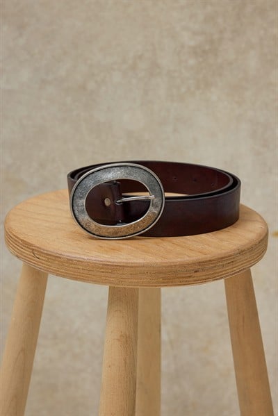Acı Kahverengi Antik Oval Tokalı Kemer
