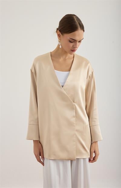 Bej Saten Kimono Ceket