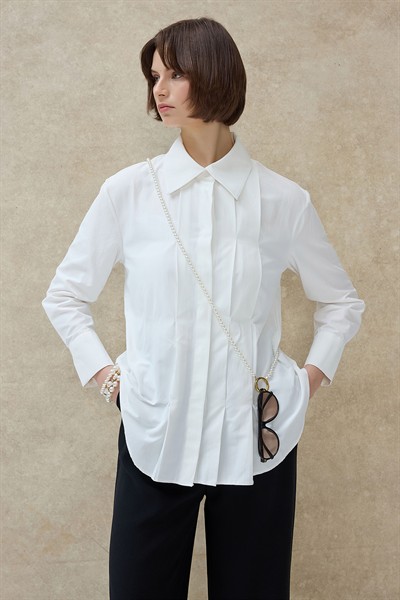Beyaz Nevara Gizli Dikiş Detaylı Gömlek 