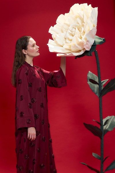Bordo Amelie Gül İşlemeli Kimono Abaya