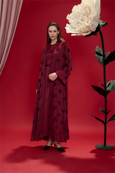 Bordo Amelie Gül İşlemeli Kimono Abaya