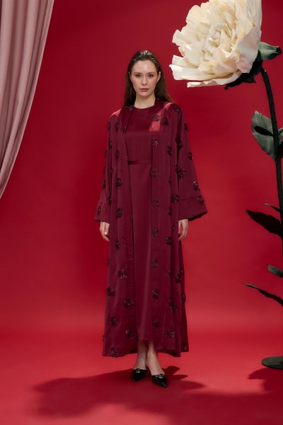 Bordo Amelie Gül İşlemeli Kimono Abaya