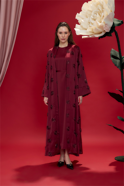 Bordo Amelie Gül İşlemeli Kimono Abaya