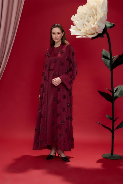Bordo Amelie Gül İşlemeli Kimono Abaya