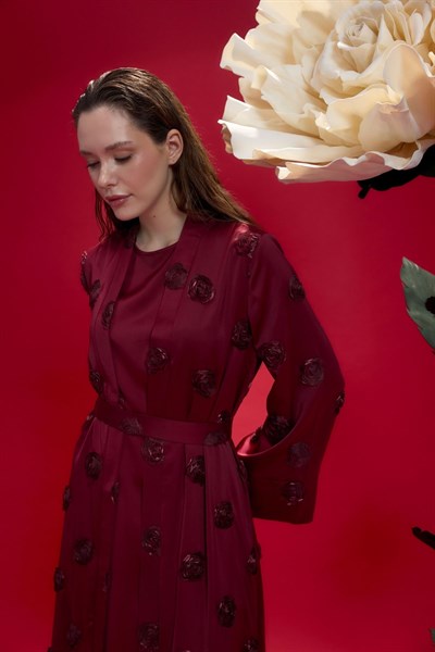 Bordo Amelie Gül İşlemeli Kimono Abaya