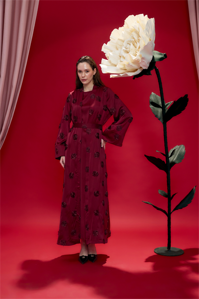 Bordo Amelie Gül İşlemeli Kimono Abaya
