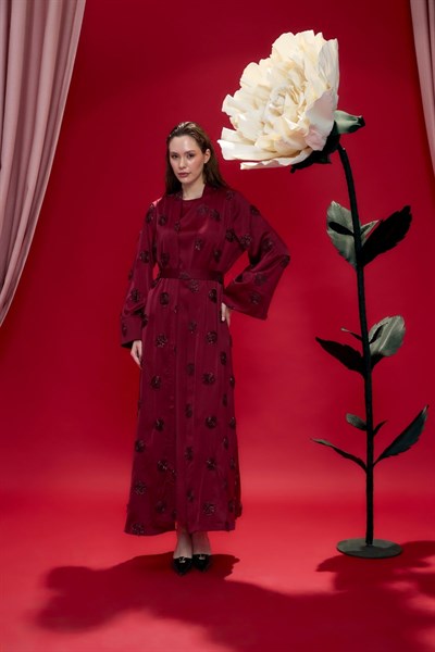 Bordo Amelie Gül İşlemeli Kimono Abaya