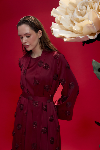 Bordo Amelie Gül İşlemeli Kimono Abaya